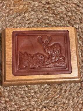 Vintage Hand Crafted Wooden Playing Card Box with Tooled Leather Deer Inlay